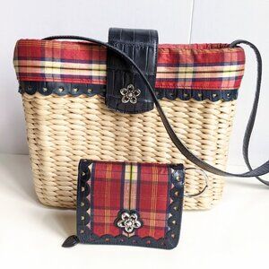 Brighton Woven Straw & Embossed Leather Handbag with Matching Wallet